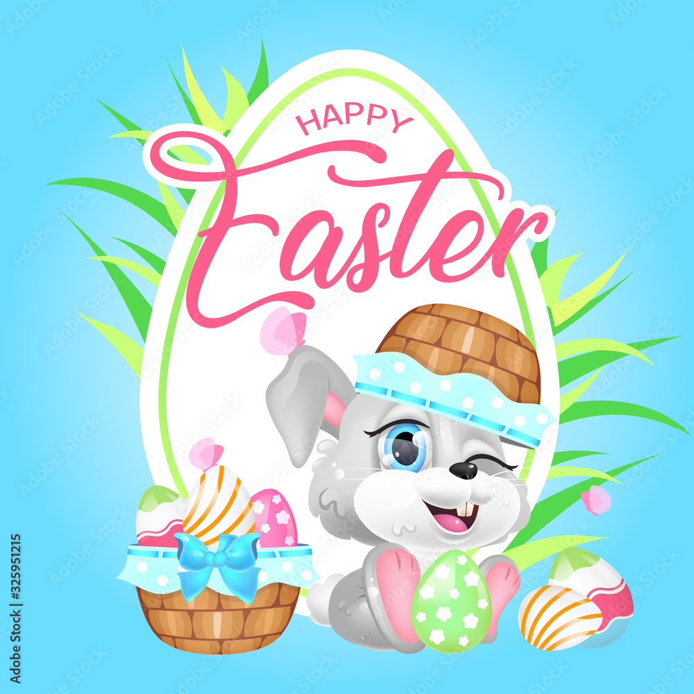 Obraz premium Cute Pascha bunny kawaii character social media post mockup. Happy Easter lettering. Positive poster, card template with rabbit. Hare and festive eggs content layout. Print, kids book illustration