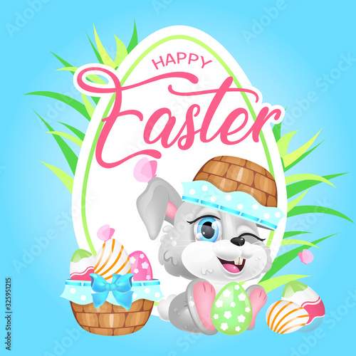 Cute Pascha bunny kawaii character social media post mockup. Happy Easter lettering. Positive poster  card template with rabbit. Hare and festive eggs content layout. Print  kids book illustration