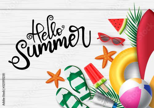 Hello summer in wooden background vector banner. Hello summer greeting typography in white space for text with beach elements like lifebuoy, beachball, flipflop, starfish, sunglasses and ice cream. 