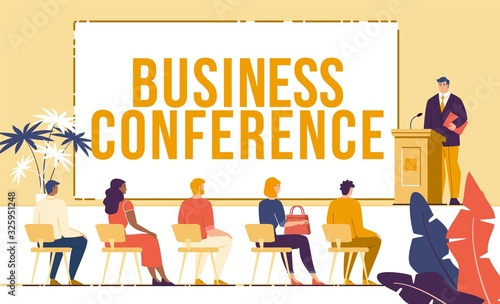 Business Conference, Company Shareholder Report Event, Investors Meeting, Employees Training or Seminar Trendy Flat Vector Concept. People in Hall Listening Businessman Public Speech Illustration