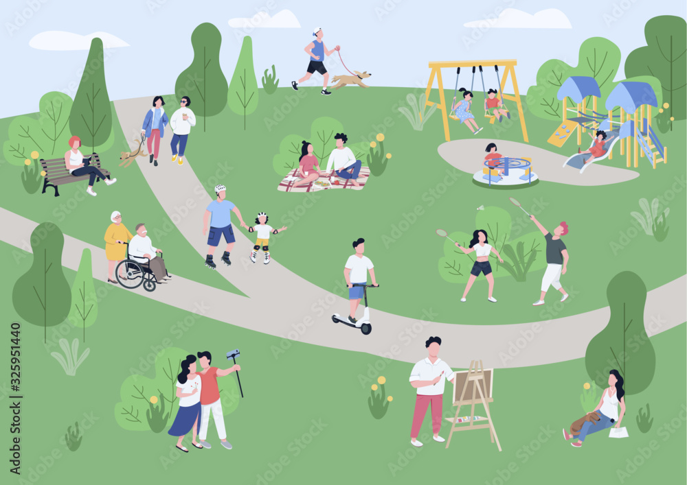 National park visitors flat color vector illustration. People enjoying