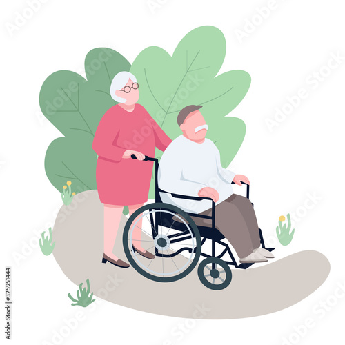 Wife helping disabled husband flat color vector faceless characters. Elderly couple, paraplegic man walking in park, family support isolated cartoon illustration for web graphic design and animation