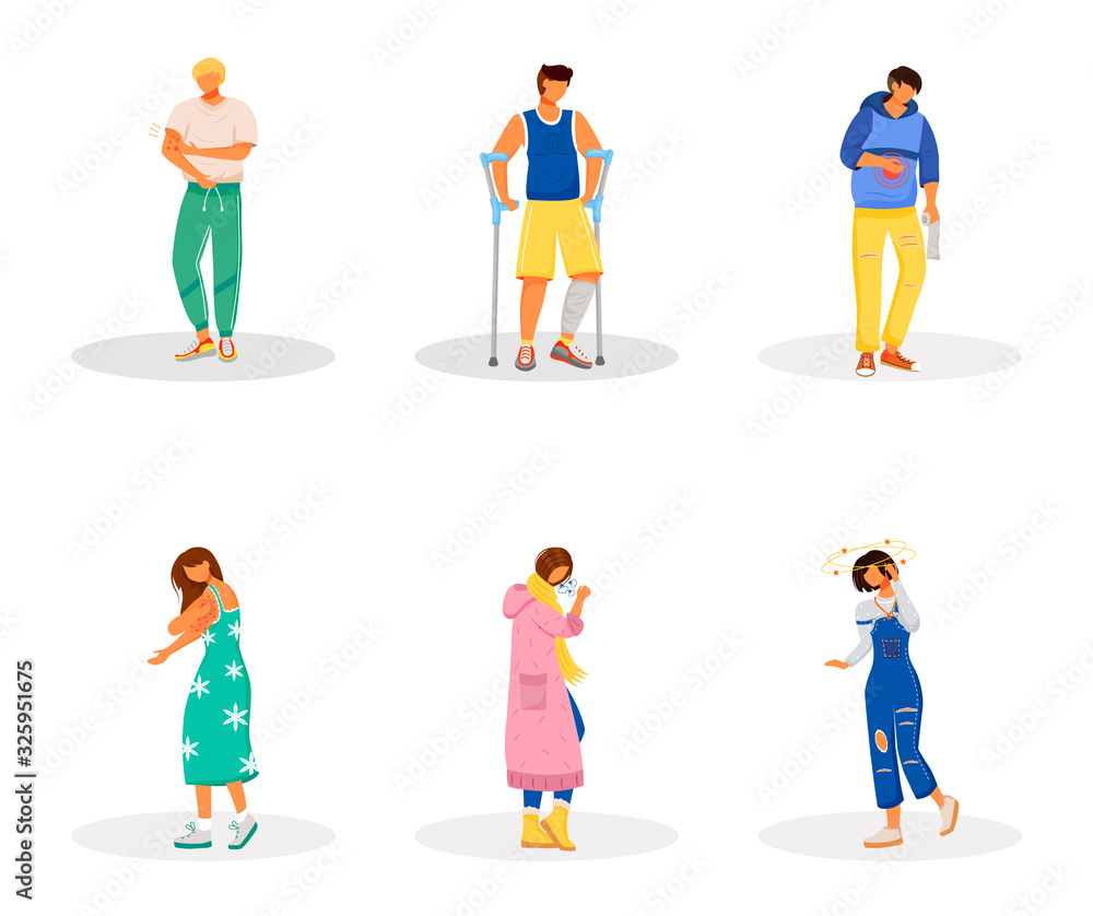 Unwell patients flat color vector faceless characters set. Stomach ache. Pain from inflammation. Healthcare issues. Disease symptoms isolated cartoon illustrations on white background