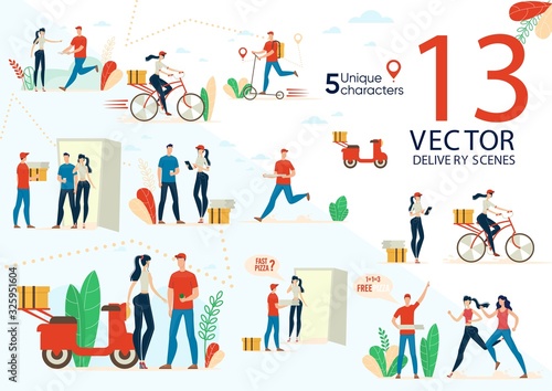 Delivery Service or Company Workers, Deliveryman, Female Courier Profession Scenes, Work Situations, Pizza and Goods Express Delivery, Job Opportunity Concepts Trendy Flat Vector Illustrations Set