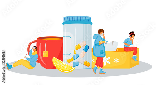 Illness treatment flat concept vector illustration. Pharmaceutical aid for man with flu. Vitamins for cold. Unwell patients 2D cartoon characters for web design. Symptoms of disease creative idea