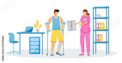 Doctor and patient flat color vector faceless characters. Rehabilitation at hospital. Man with cast on leg. Female physician at clinic. Healthcare treatment isolated cartoon illustration