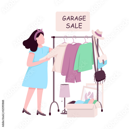 Woman buying at garage sale flat color vector faceless character. Caucasian girl choosing second hand clothing, making purchases isolated cartoon illustration for web graphic design and animation