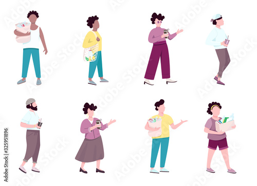 People with garbage and reusable items flat color vector faceless characters set. Woman holding garbage, lady and mesh bag, man with coffee cup isolated cartoon illustrations on white background