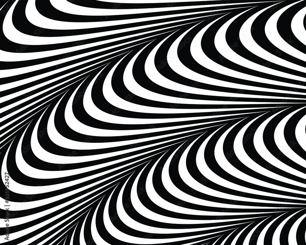 Abstract background with optical illusion wave. Black and white horizontal lines with wavy distortion effect for prints, web pages, template, posters, monochrome backgrounds and pattern Abstract background with optical illusion wave. Black and white horizontal lines with wavy distortion effect for prints, web pages, template, posters, monochrome backgrounds and pattern