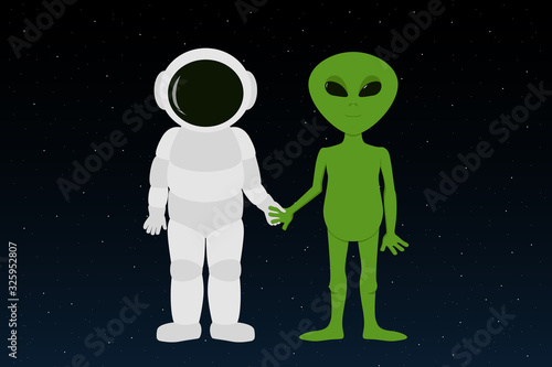 Astronaut and Martian holding hands. Vector illustration.