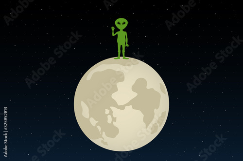 Green alien stand on moon with raised hand. Cartoon style. Vector illustration.