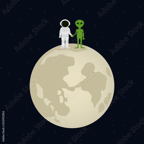 Meeting of astronaut and alien on moon. Vector illustration.