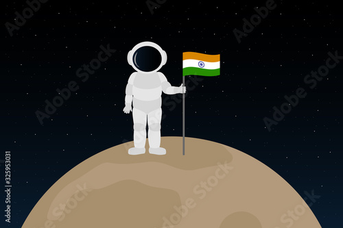 Indian cosmonaut stand on moon and hold flag of India. Cartoon style. Vector illustration.
