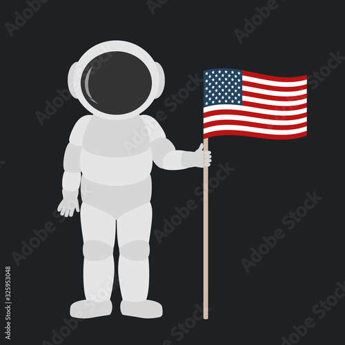 American astronaut hold flag of USA. Cartoon style. Vector illustration.