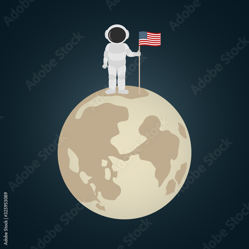 American astronaut stand on moon and hold flag of USA. Cartoon style. Vector illustration.