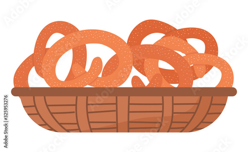 Salty or sweet pretzel isolated on white background. Baked pastry made from dough, shaped into knot. Cookies lay in wooden basket in market or bakery. Vector illustration of kringle in flat style