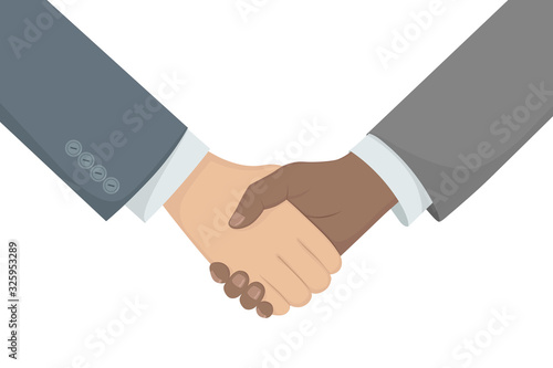 Handshake of Caucasian and African businessman. Cartoon style. Vector illustration.