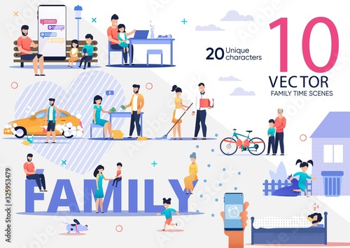 Happy Family Life, Parenthood Activities, Routines Trendy Flat Vector Scenes Set. Parents with Children, Grandparents Playing Together, Planning Budget, Resting at Home, Messaging Online Illustrations