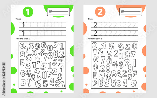 Educational worksheet for preschool and school kids. Number game for children. Trace, find and color. One, two.
