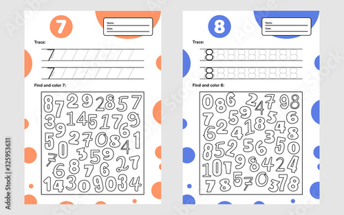 Educational worksheet for preschool and school kids. Number game for children. Trace, find and color. Seven, eight.