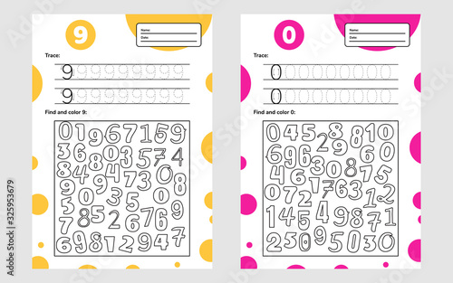 Educational worksheet for preschool and school kids. Number game for children. Trace, find and color. Nine and null.