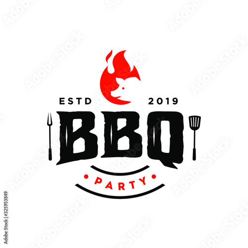 Vintage hipster Grill Barbeque ham pig pork icon invitation party barbecue bbq with crossed fork spatula and fire flame Logo design
