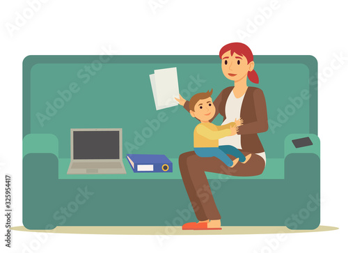 Mother character sitting with kid on sofa and working. Freelancer mom communicating with laptop and document holding son. Paperwork of professional employee mum at home or office with child vector