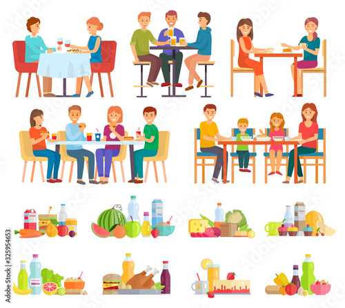 Collection of people eating meals and dishes. Couple drinking wine on date, family having lunch. Friends on breakfast enjoying burgers and French fries. Set of plates, fruits and vegetables.
