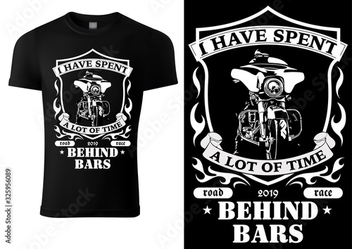 Black T-shirt Design with Motorcyclist and Inscriptions - Graphic Design for Printmaking T-shirt or Poster and etc., Vector