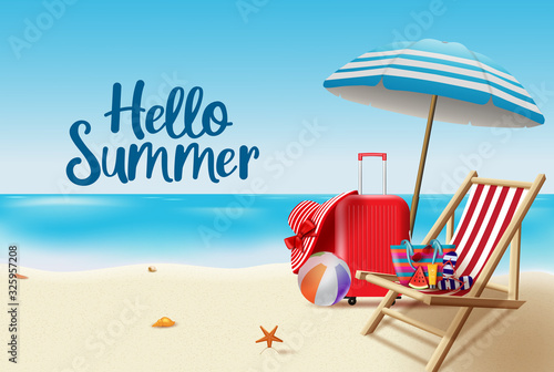 Hello summer vector background design. Hello summer greeting text in seashore background with beach elements like beach ball, umbrella, sunblock, bag and luggage for summer vacation.