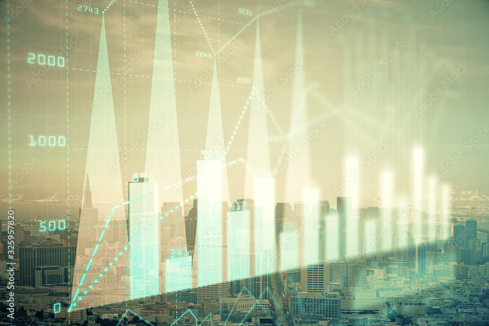Obraz premium Forex graph on city view with skyscrapers background multi exposure. Financial analysis concept.