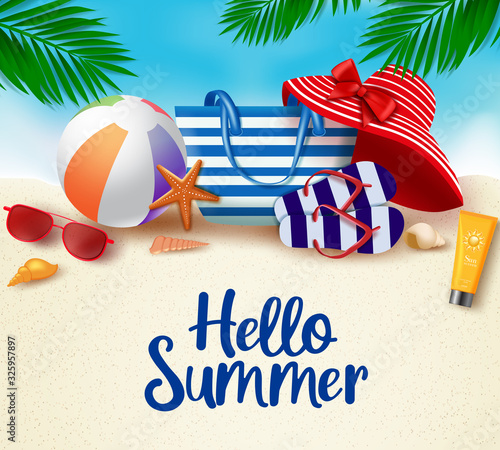 Hello summer in sand background vector banner. Hello summer greeting typography in white space for text with beach elements like hat, beach ball, flip flop, bag and sunblock with star fish and sea she