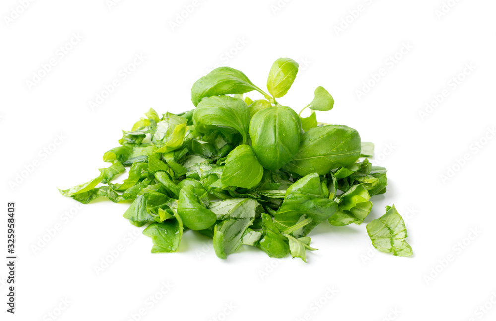 Fresh Green Chopped Basil Leaves Isolated on White Background Fresh Green Chopped Basil Leaves Isolated on White Background