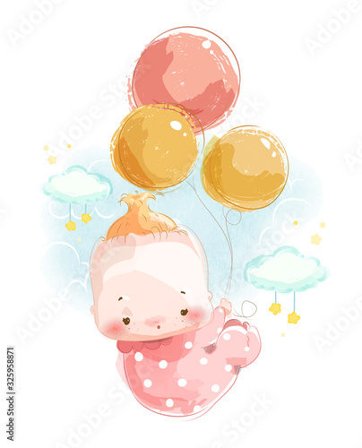 An image of a newborn baby for assembling a cute baby shower card floating in the sky with a balloon.