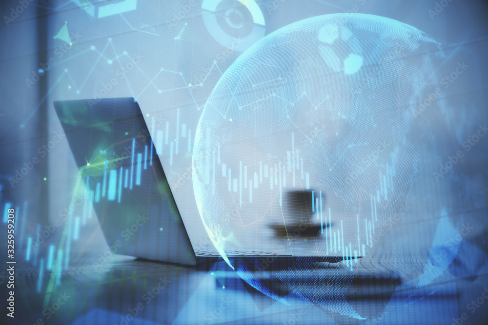 Multi exposure of graph and financial info and work space with computer background. Concept of international online trading. Multi exposure of graph and financial info and work space with computer background. Concept of international online trading.