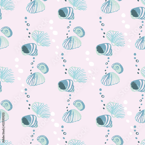 Pastel blue and teal seashells on a pale greyish pink background seamless vector pattern. Light ocean themed surface print design. Great for wellness and natural products packaging, and for stationery