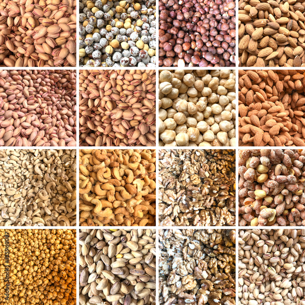 Collage Of Photos With Healthy Organic Mixed Nuts. Collection Of Healthy Fresh Food Backgrounds. Collage Of Photos With Healthy Organic Mixed Nuts. Collection Of Healthy Fresh Food Backgrounds.