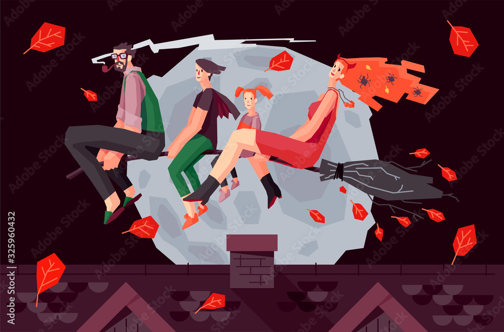 Family is celebrating Halloween Holidays and flying on the Broom over their house.Halloween Party Poster Ilustration.