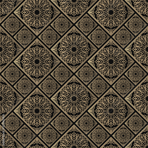 Islamic vector design. Seamless pattern oriental ornament. Black and golden textile print. Floral tiles.