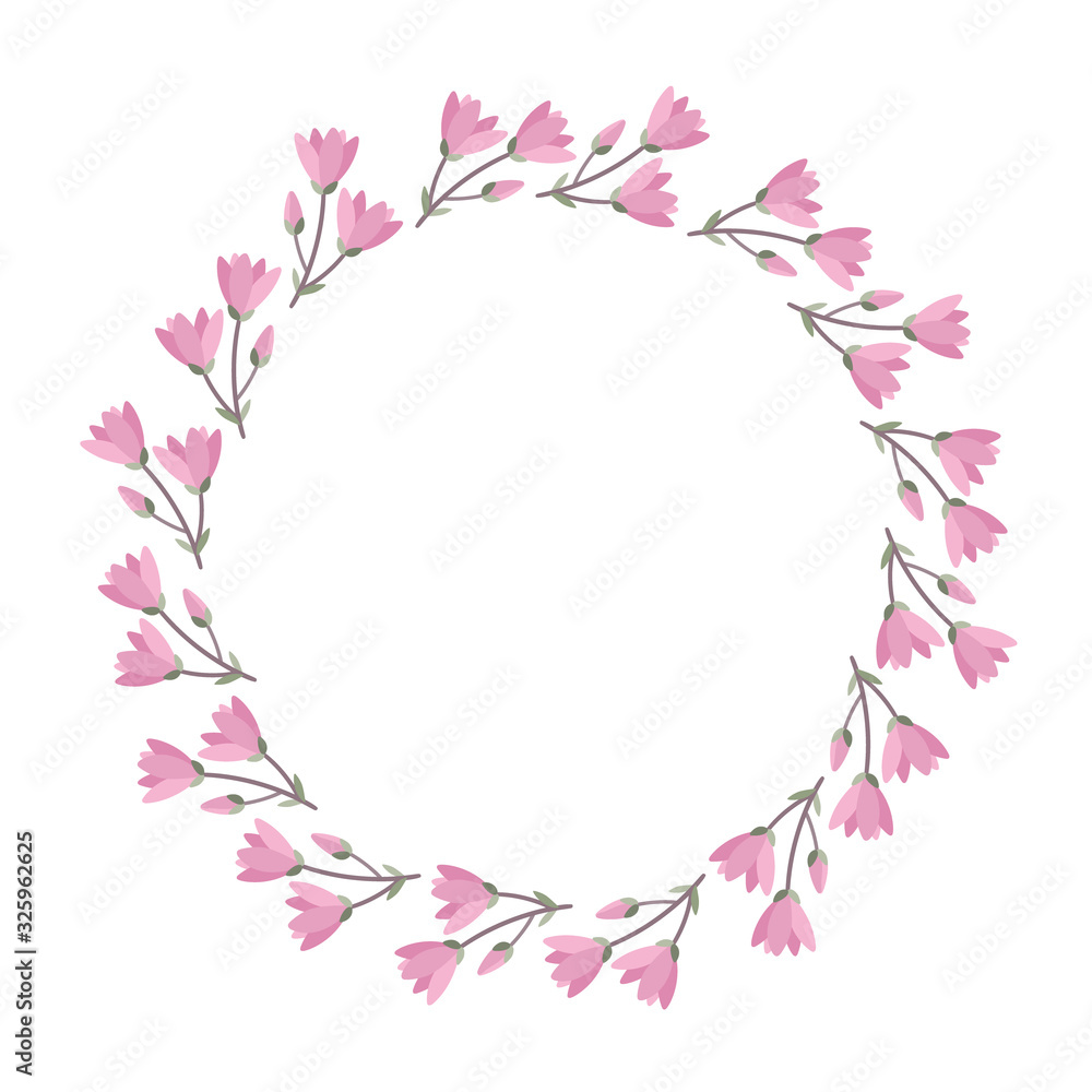 Obraz premium A vector illustration of blooming magnolia branches arranged in a wreath. A round flower frame.