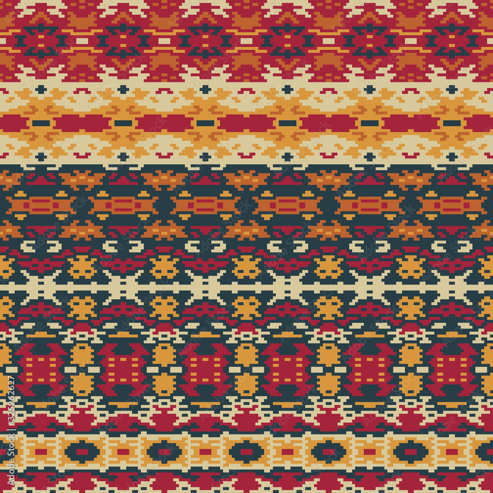 Ethnic pattern. Boho seamless background. Pixel complex ornament. Tribal vector design.