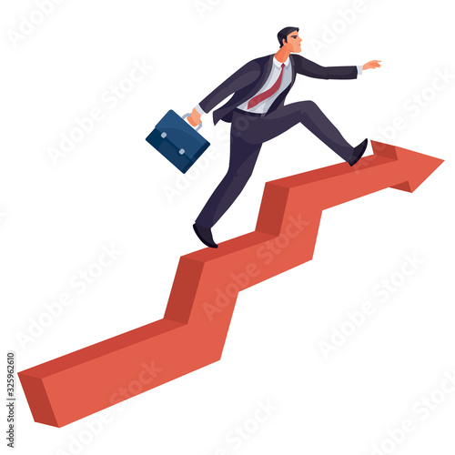 man with a briefcase in his hands confidently strides along the red arrow, which strives up, success, aspiration, isolated object on a white background,