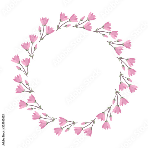 A vector illustration of blooming magnolia branches arranged in a wreath. A round flower frame.