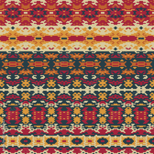 Ethnic pattern. Boho seamless background. Pixel complex ornament. Tribal vector design.