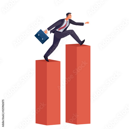 businessman with a briefcase in his hands jumps from one dry red pillar to another, taller and strives for success, isolated object on a white background,
