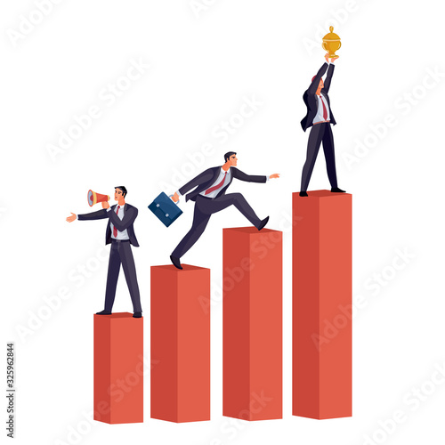 businessmen are standing on four pillars, one is jumping, the second is shouting into a shout, the third is holding a golden victory cup over his head, work, success, goal, isolated object on a white