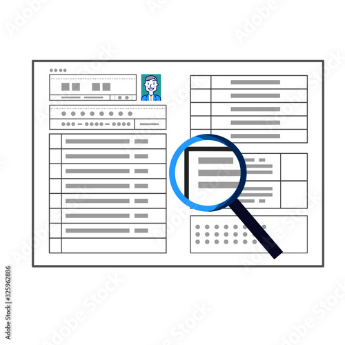 若いビジネスマンの履歴書と虫眼鏡