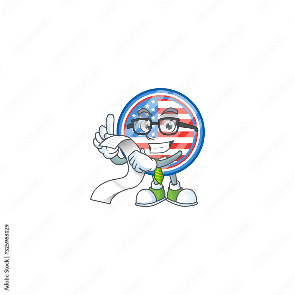 A funny face character of circle badges USA holding a menu A funny face character of circle badges USA holding a menu