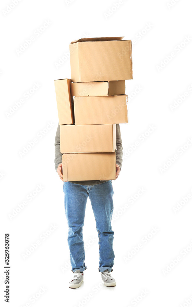 Asian man with moving boxes on white background Asian man with moving boxes on white background