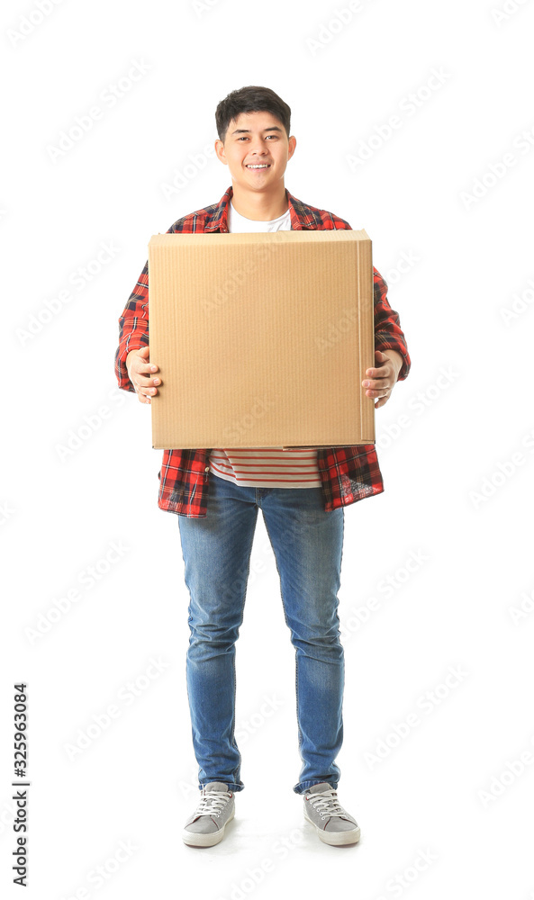 Asian man with moving boxes on white background Asian man with moving boxes on white background